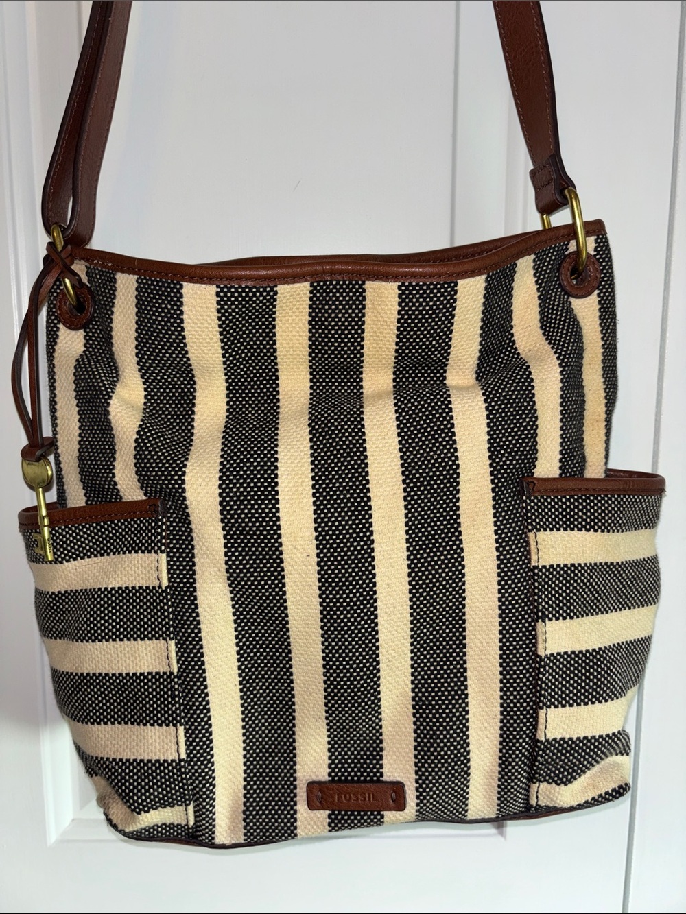 Fossil Black and Cream Striped Canvas Shoulder Bag with Brown Leather Trim